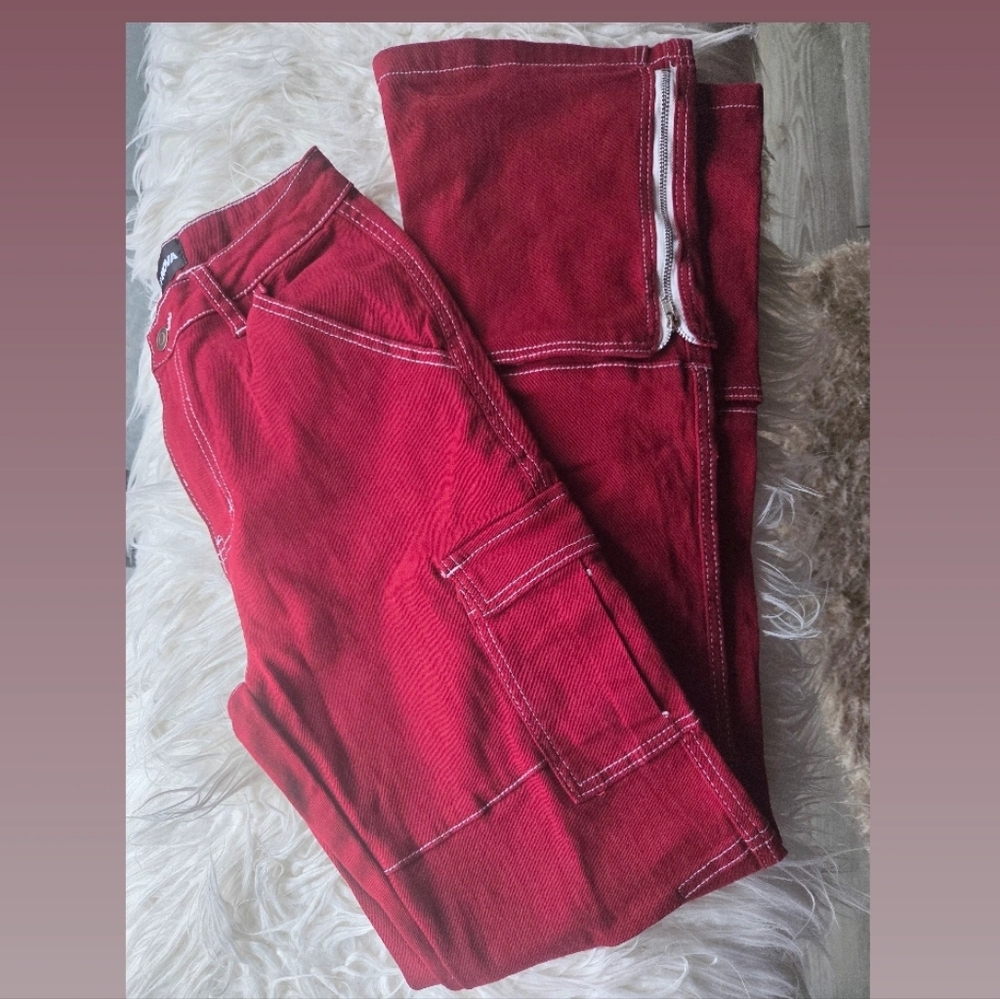 Fashion Nova Red Cargo Jeans